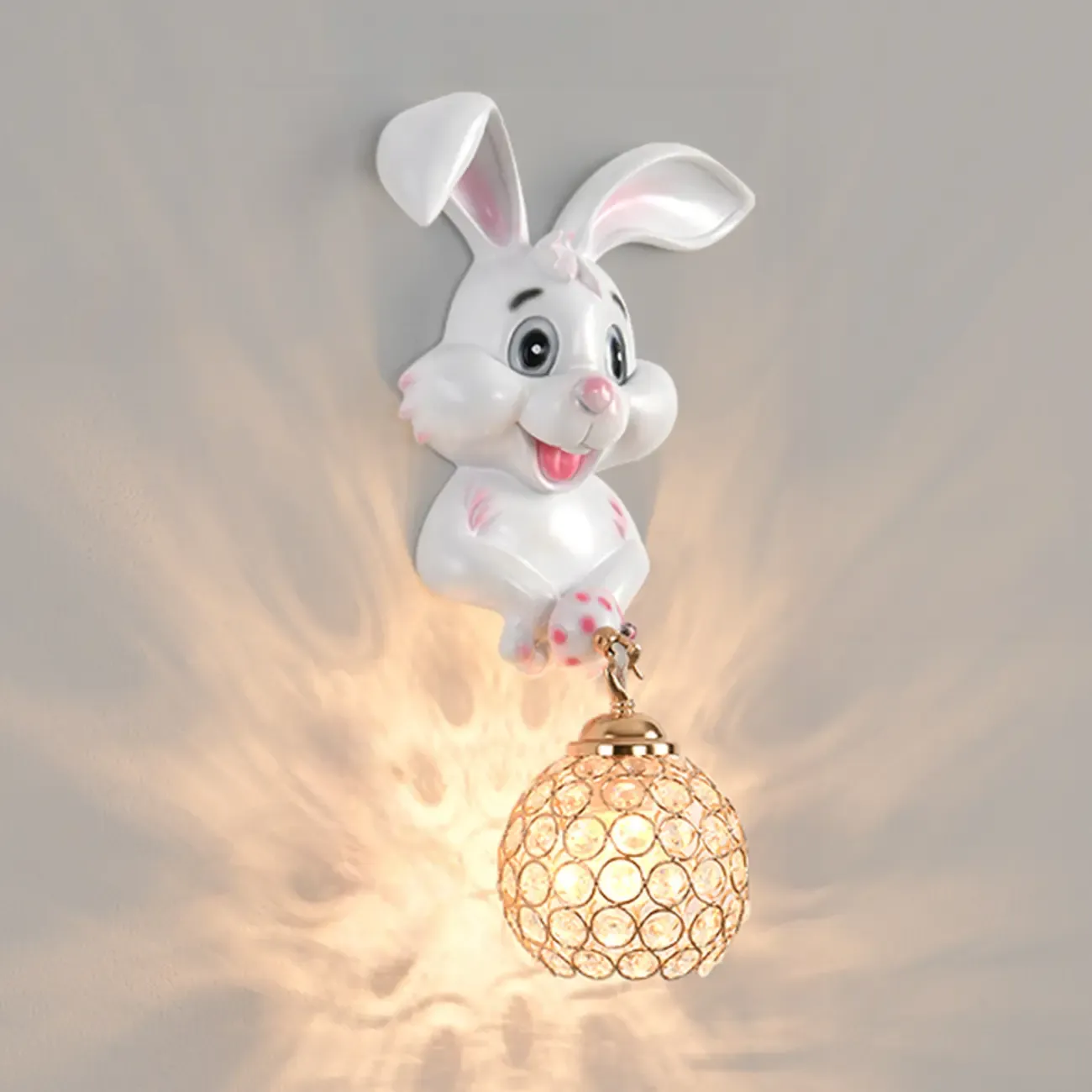Kids Rabbit-Shaped Resin Wall Sconce with Crystal Shade