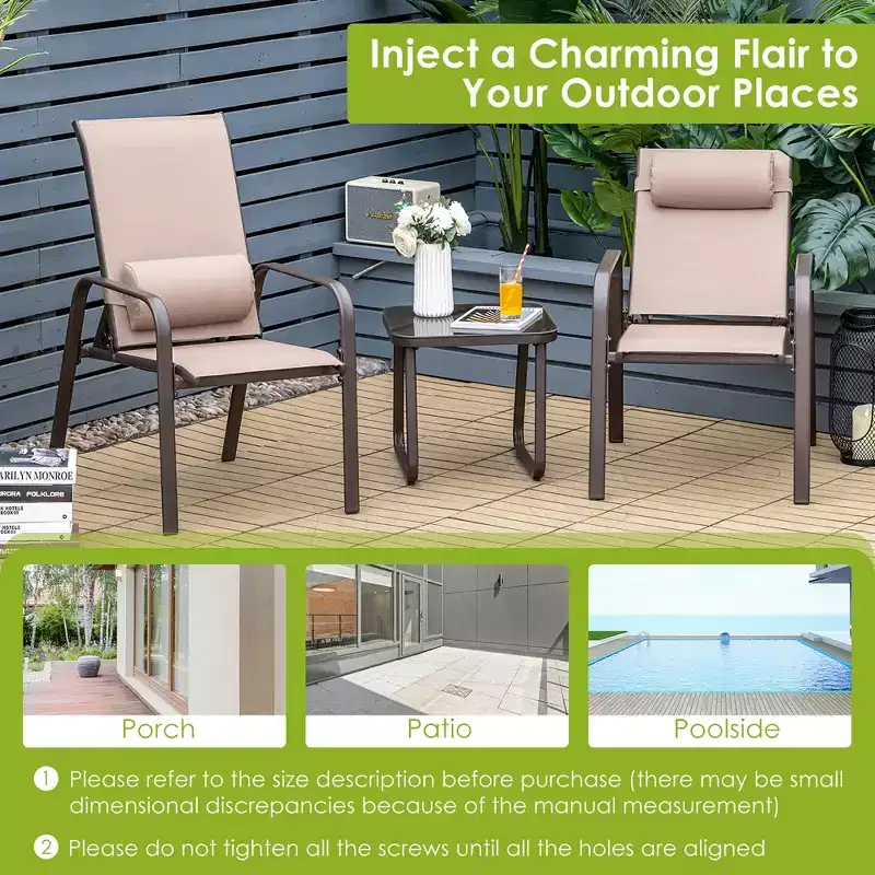 Costway 3PCS Patio Bistro Furniture Set Adjustable Back Stackable Chairs Brown\Black