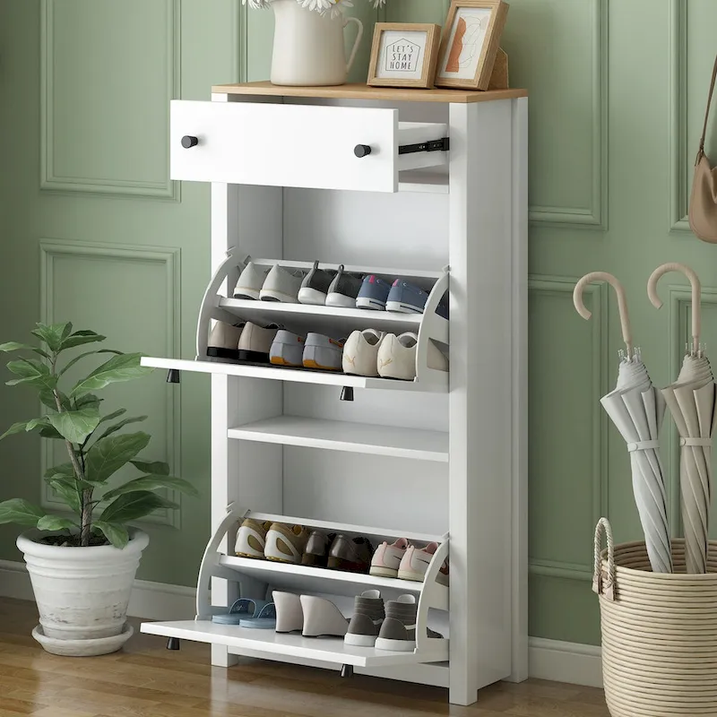 White Flip Drawer Shoe Cabinet, Holds 12 Pairs, 2-Person Assembly