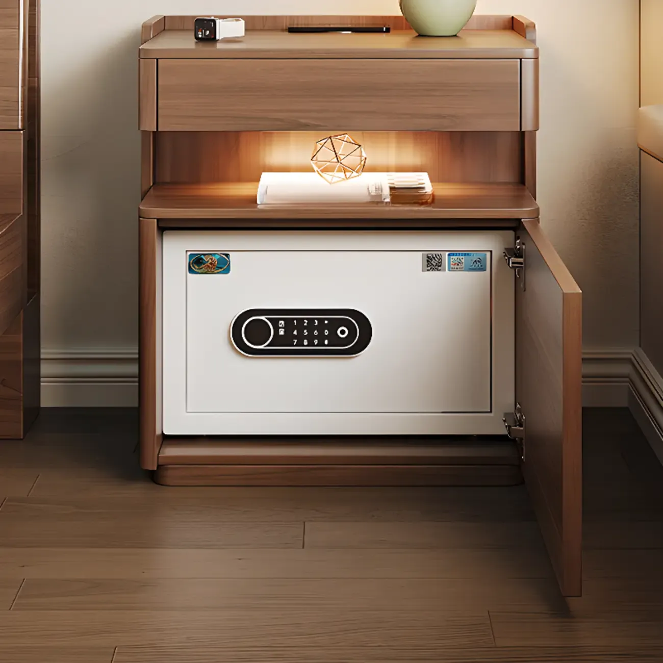 Multi-functional Nut-Brown Wood Lighting Smart Nightstand