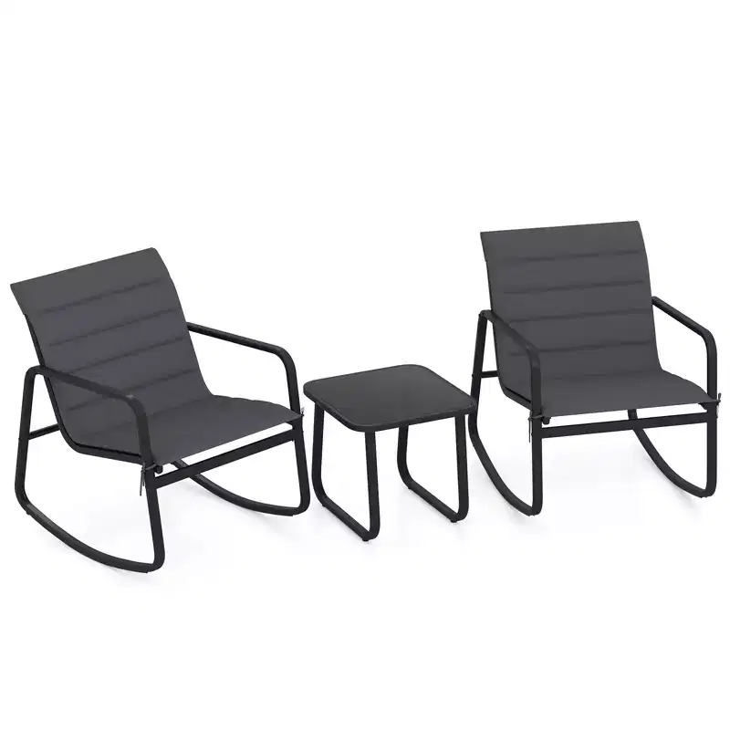 Gymax 3PCS Outdoor Rocking Bistro Set w/Tempered Glass Table Soft Cushions for Garden
