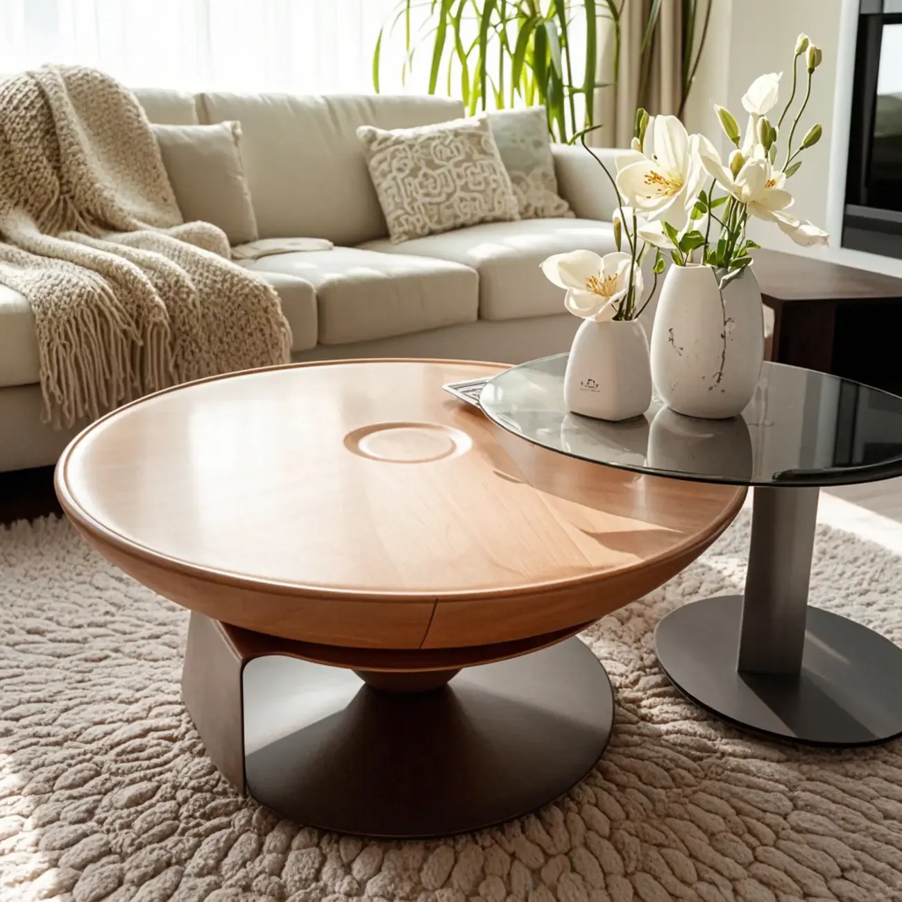 Nesting Brown Wood Round Black Steel Base Coffee Table
