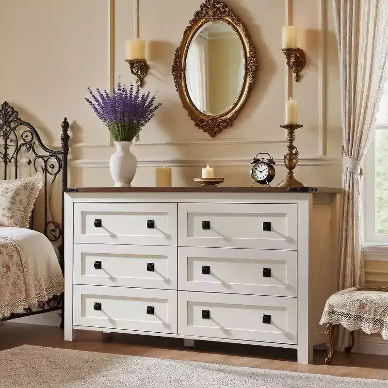 Farmhouse 6 Drawers Dresser, 54 Wide Wood Rustic Wide Chest of Drawers, Storage Dressers Organizer for Bedroom, Living Room, Hallway, White
