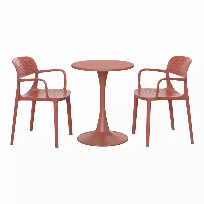 WestinTrends Playa 3-Piece Round Metal Bistro Dining Table Set And Stackable Resin Patio Dining Arm Chairs