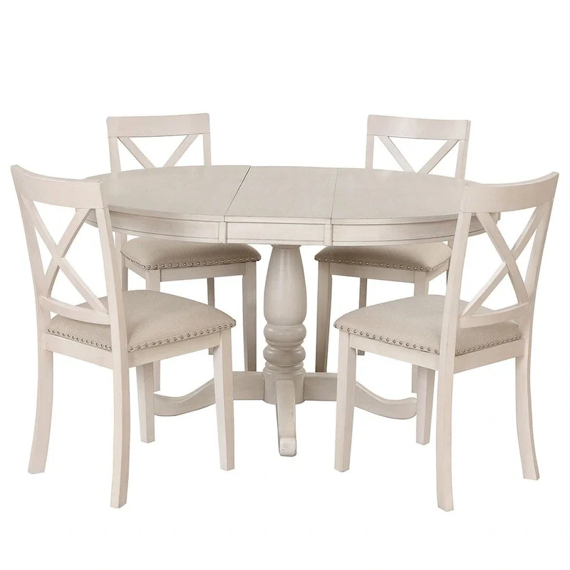 Wooden Round Drop Leaf Extendable Dining Table Set with 4 Upholstered Chairs
