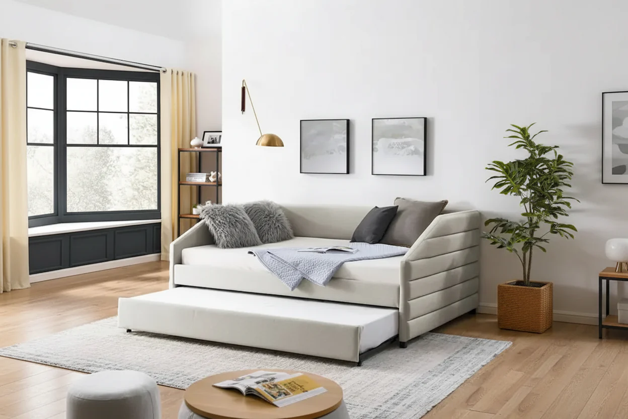 Beige / Grey Linen Tufted Daybed with 2 Drawers, Twin / Full, Sleeps 1