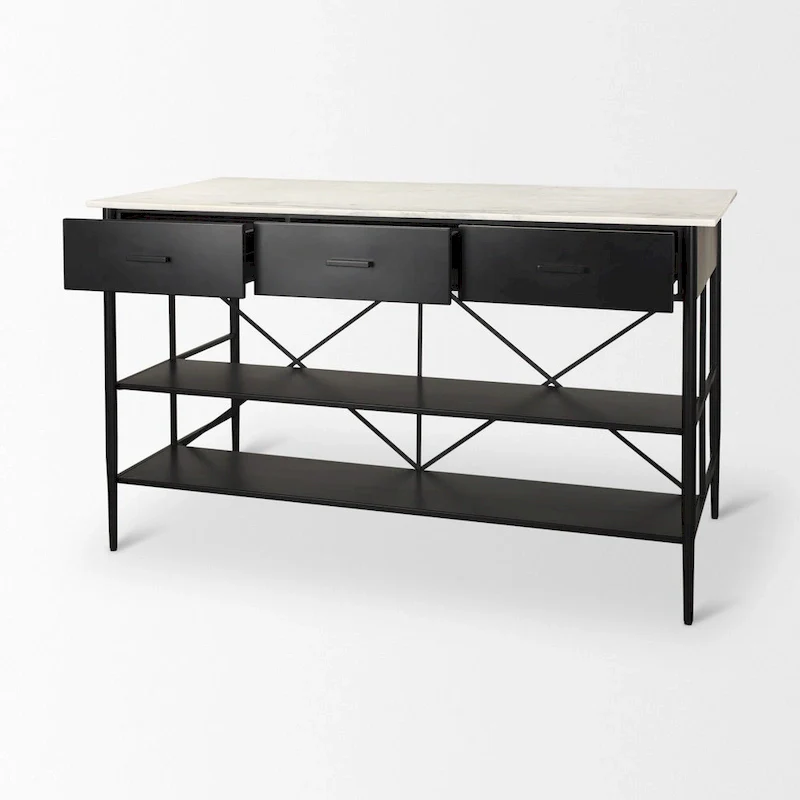 White Marble Kitchen Island with Black Metal Frame - 3 Drawers