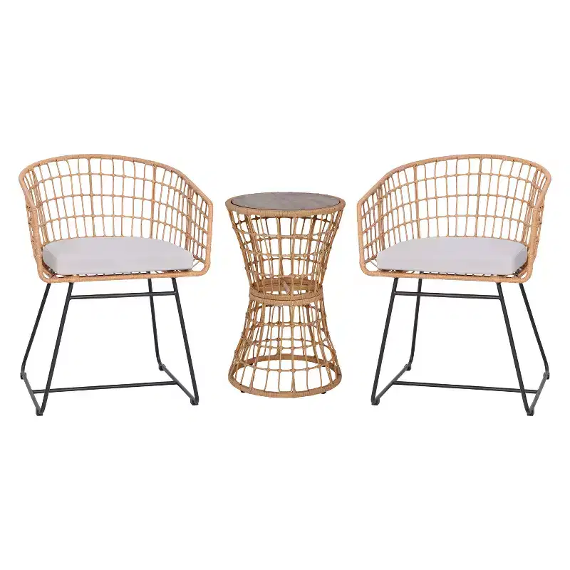 Flash Furniture Devon 3-Piece Patio Bistro Set, Indoor/Outdoor Rattan Rope Chairs, Acacia Wood Top Table & Seat Cushions