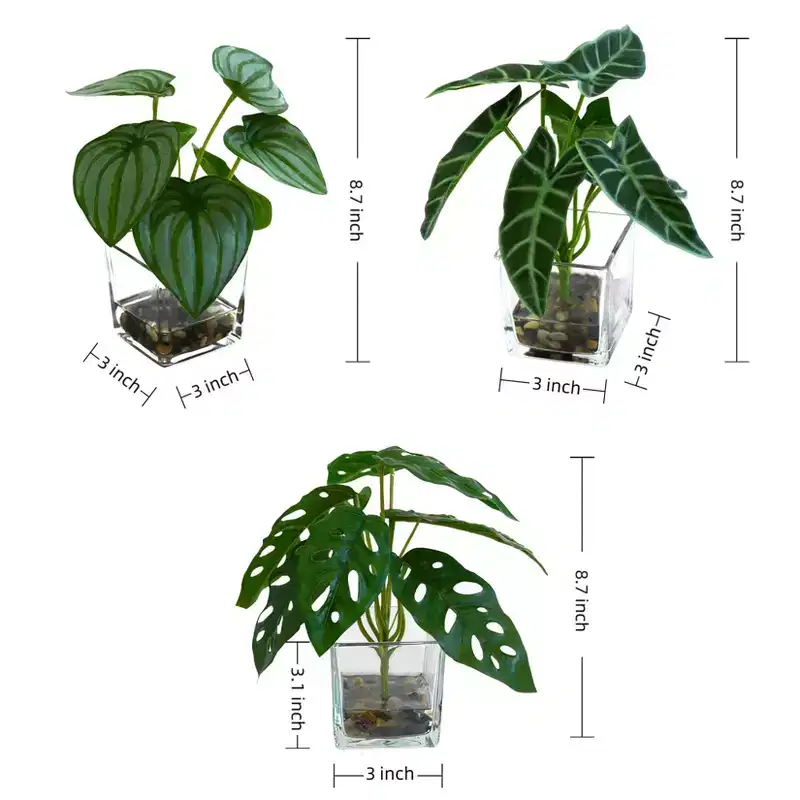 Set of 3 Artificial Potted Plants C 8cm Green Mini Tropical Foliage for Desk/Office/Shelf Decor