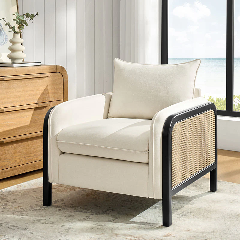 Faux Rattan Accent Armchair with Padded Polyester Cushion & Foam Fill | Natural / Navy | Single Seat