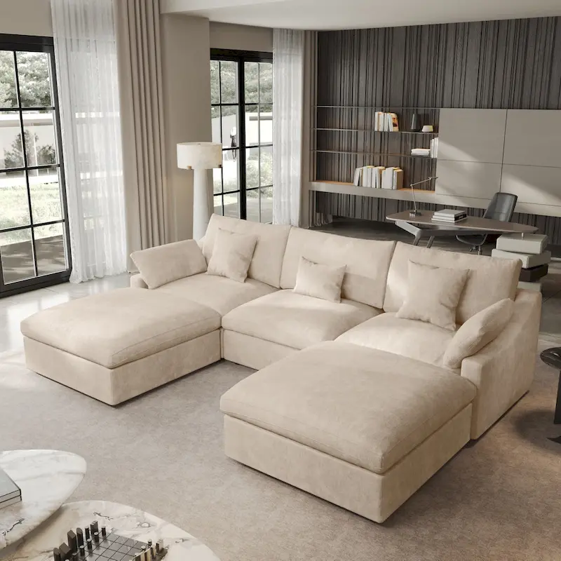 Classic Modern Linen Sectional Modular Sofa 3-Seater with 2 Ottomans, U-shaped Down Filled Cloud Couch with Cushions