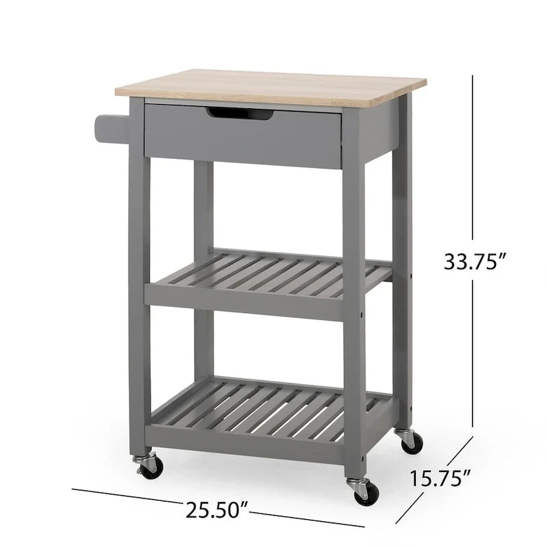 Compact Wooden Kitchen Cart with Wheels Shelves and Drawer by