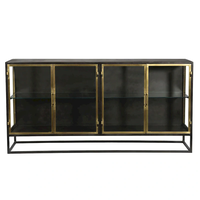 Gunmetal & Brass Black 4-Door Glass Sideboard, Industrial Style