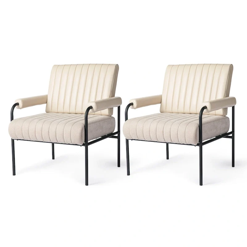 Off-White Channel Tufted Armchair, Set of 2 — PU & Fabric, Padded Arms