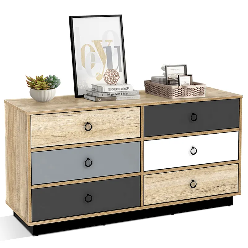 6-Drawer Double Dresser Storage Tower - Wood Finish