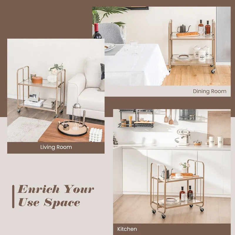 2-Tier Mobile Serving Cart with Tempered Glass Shelf-Golden - 26 x 16 x 28.5