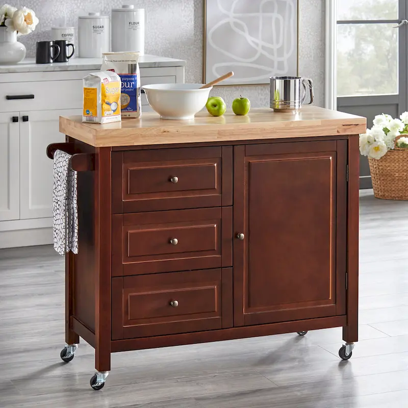 Natural Rubberwood Rolling Kitchen Island Cart