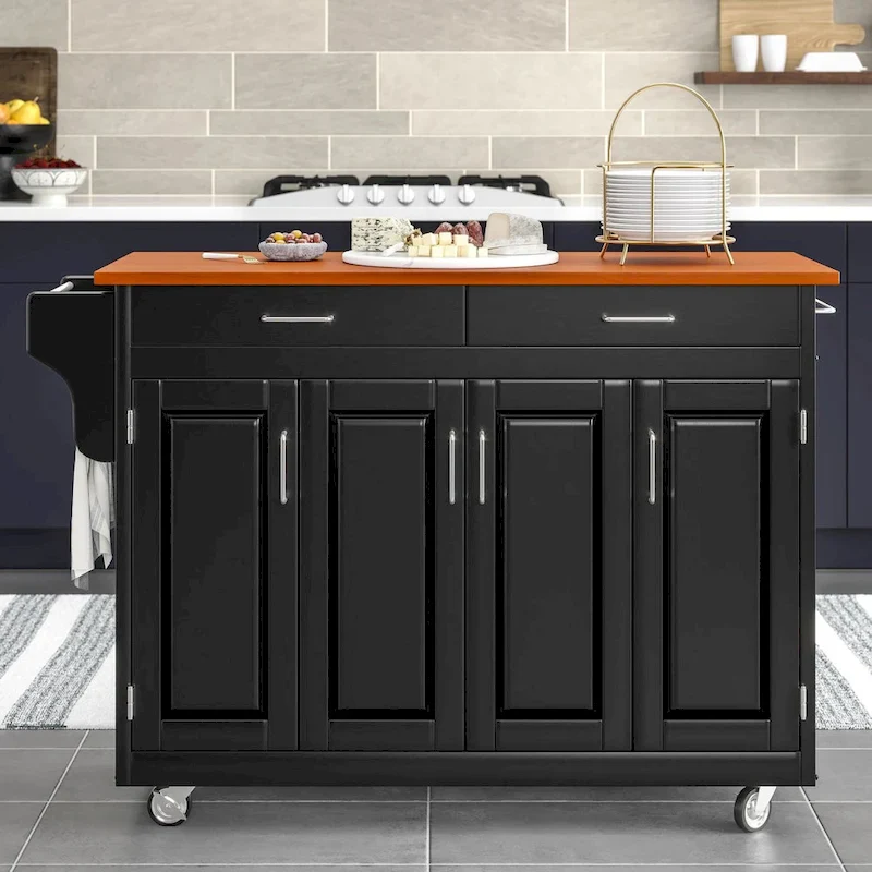 Puff Island Black Finish with Oak Top Kitchen Cart