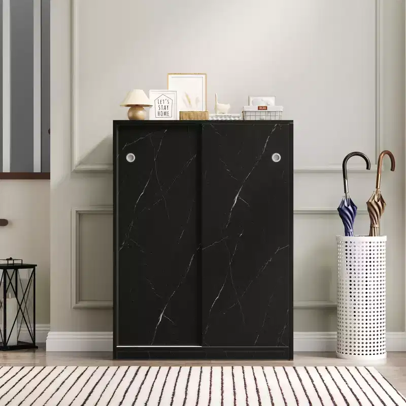 Marble Black Shoe Cabinet With Sliding Door With 6 Tiers Can Hold At Least 30 Pairs Shoes