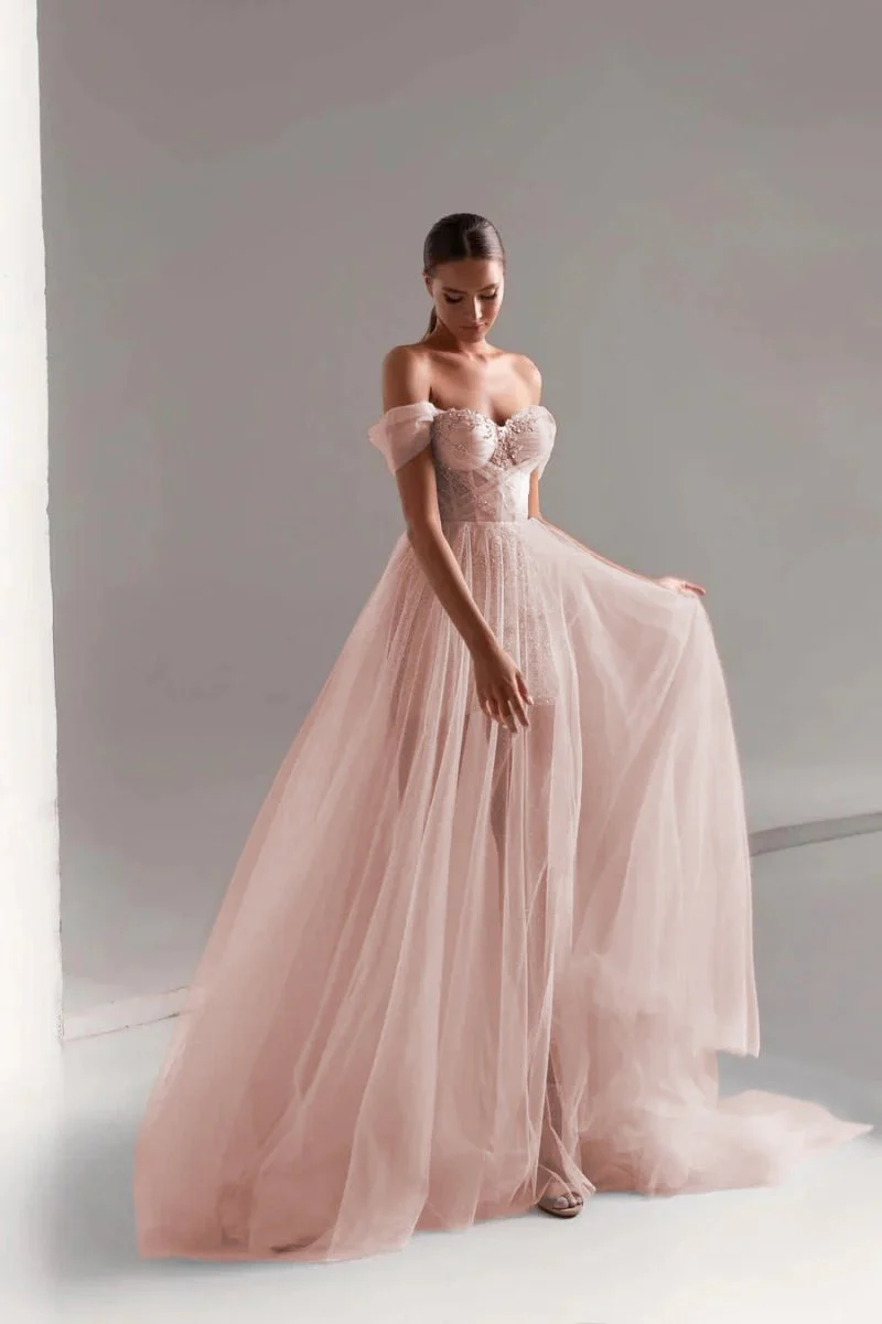 Tulle Prom Dress A-Line Long Shining Beads Prom Gown