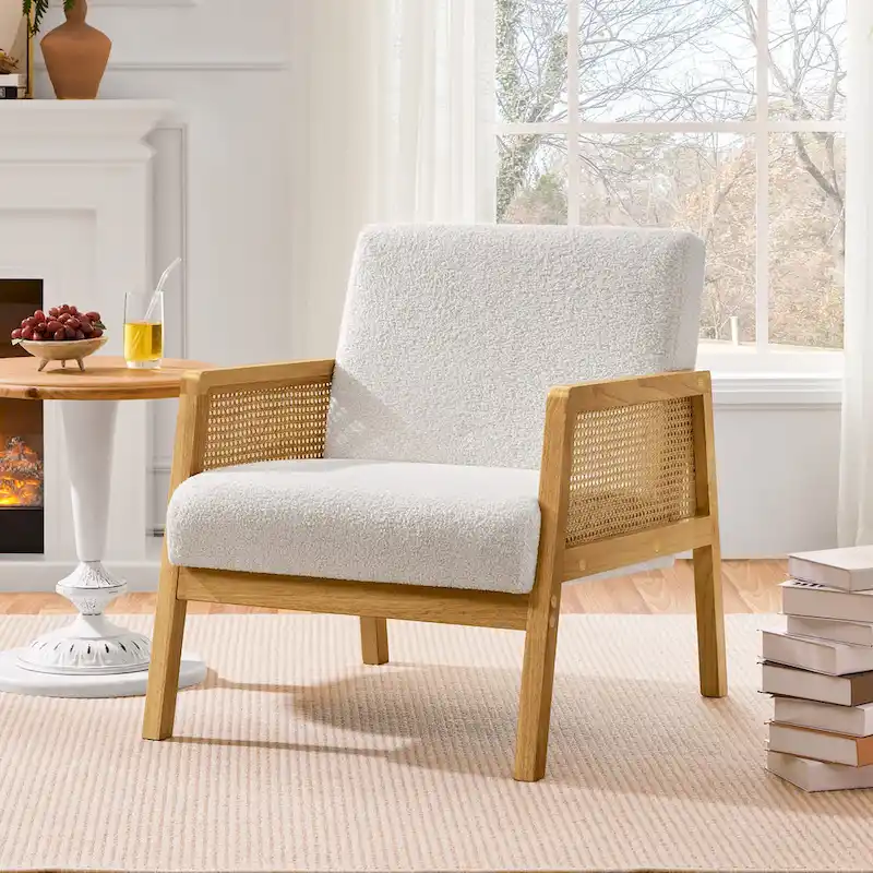 Accent Chair, Rattan Cane Arms, Fabric Upholstery, Rubberwood Legs, Coastal Style, Ivory / Beige, 1 Person