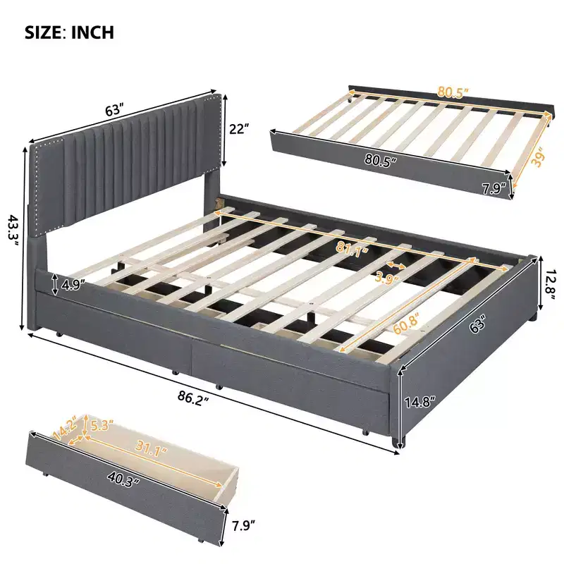 Bellemave Linen Upholstered BedFrame with Storage Drawers, Modern Platform Bed Frame with Headboard and Trundle Bed, No Box Spring NeededGray