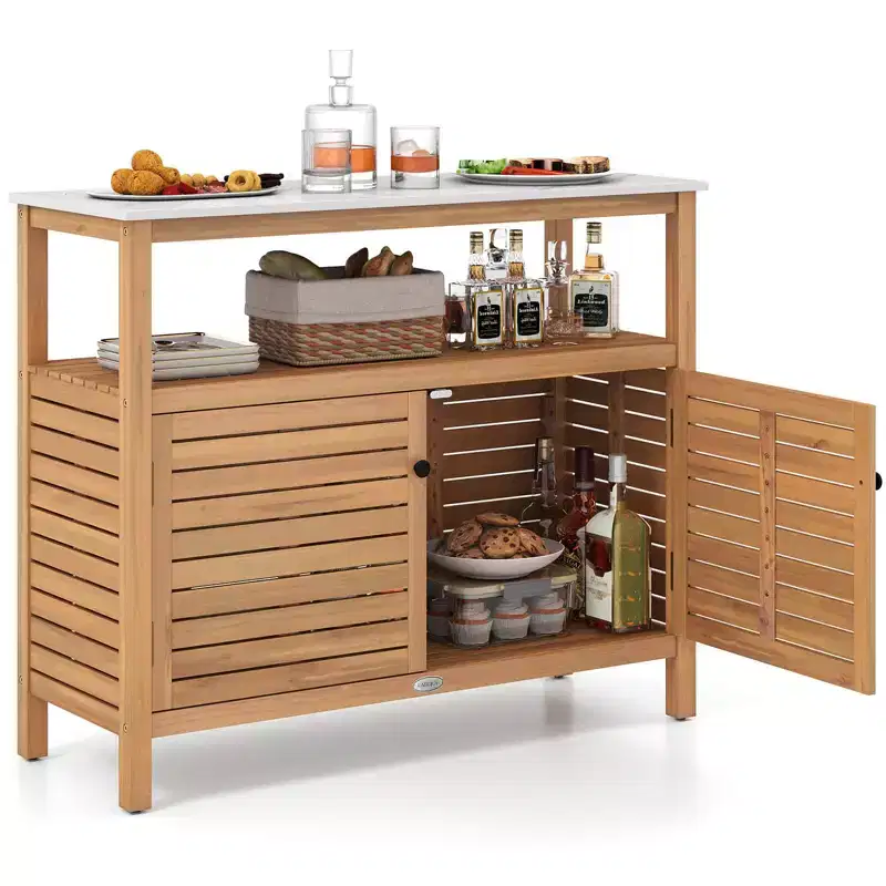 Costway Patio Wood Storage Cabinet with Marble-Like Countertop, Open Shelf & 2 Doors