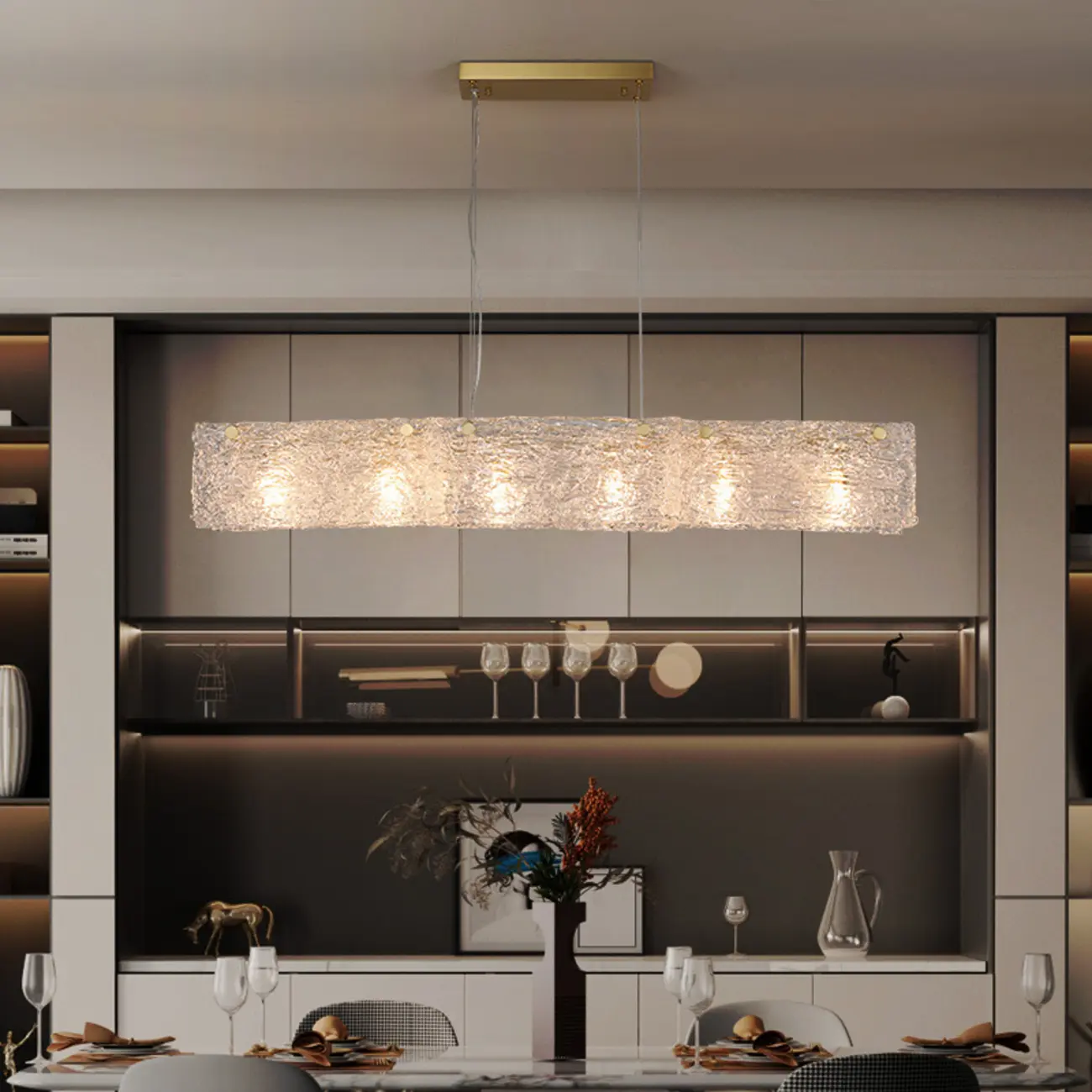 Modern Gold Glass Rectangle Island Pendant Light for Kitchen