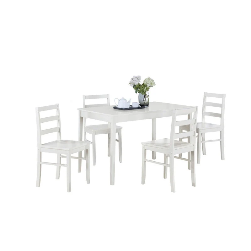 5 Piece Dining Table and 4 Chair Set, Open Backs, White Solid Wood