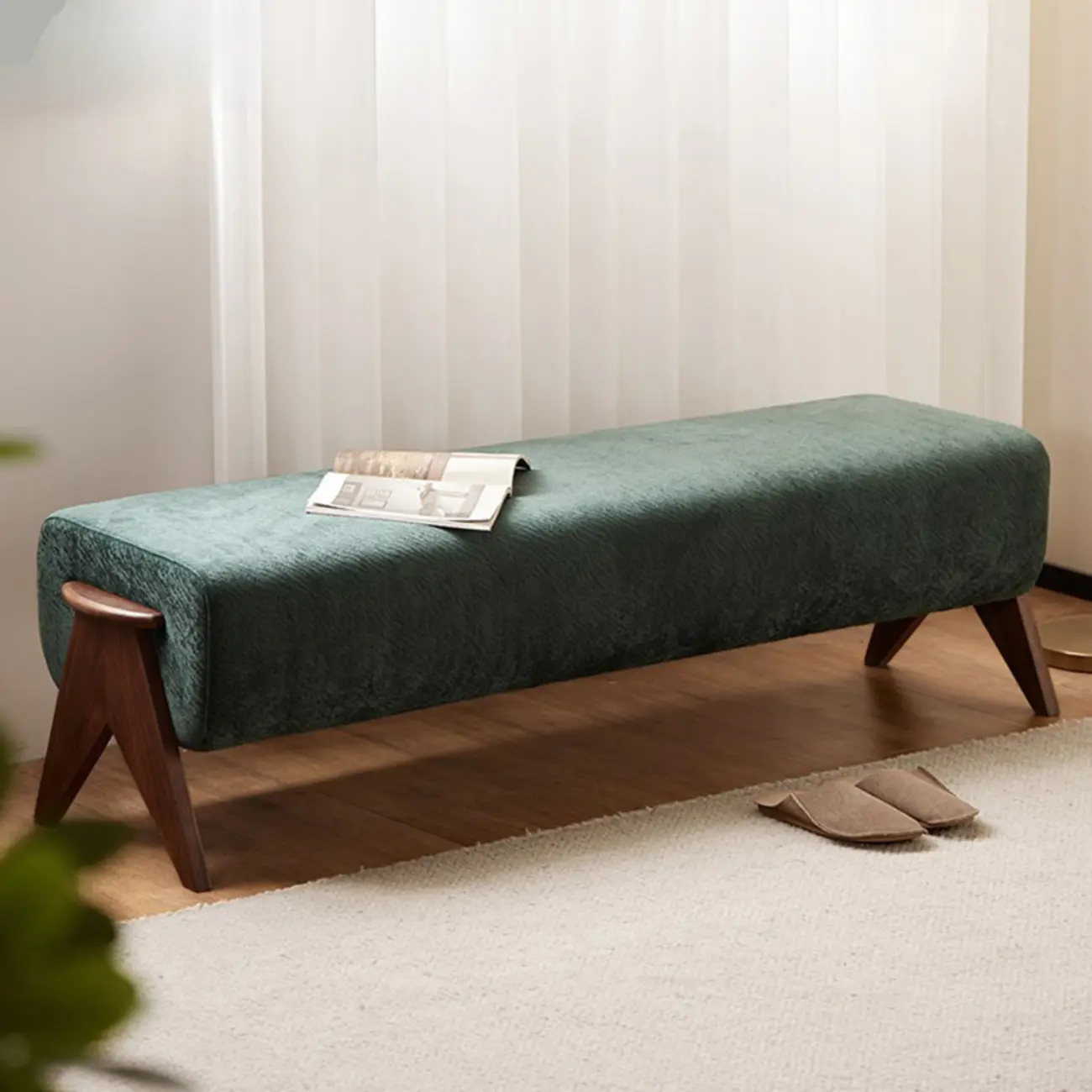 Modern Emerald Green Upholstered Bedroom Bench