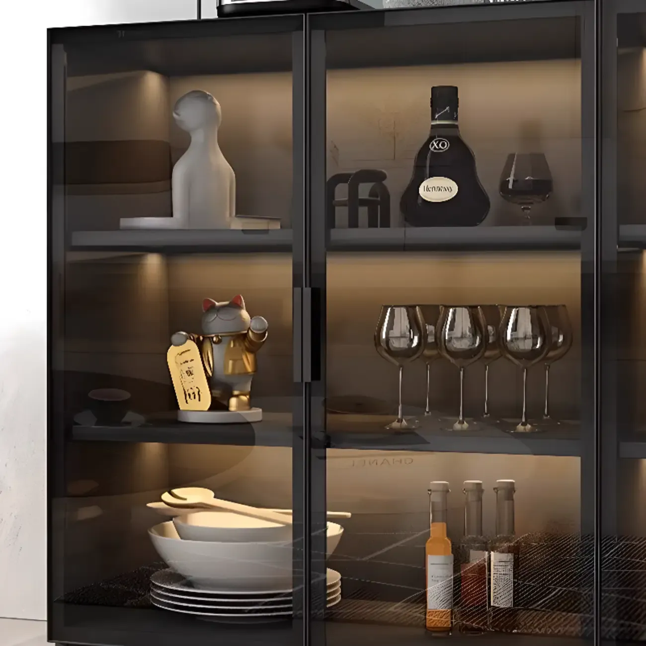 Large 3 Shelves Glass Wood Black Sideboard with LED Light