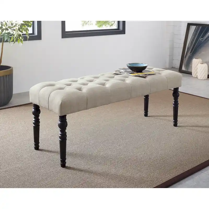 Tufted Tan Fabric Dining Bench with Turned Legs
