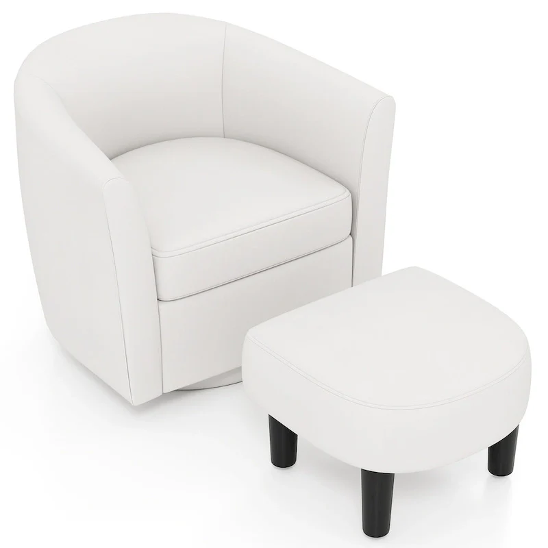 Swivel Barrel Chair with Ottoman Footrest and Curved Backrest