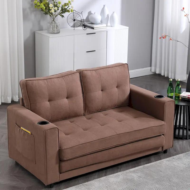Foldable Tufted Loveseat with Pull Out Bed and Side Pockets