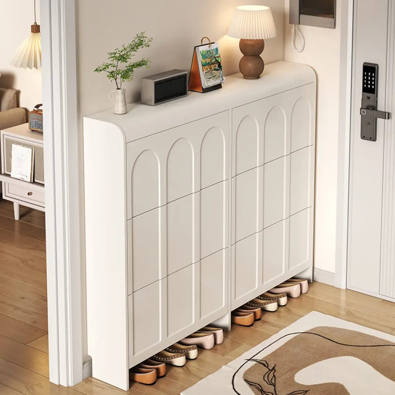 Slim Drop Front 3-Tier White Wood Shoe Storage Cabinet