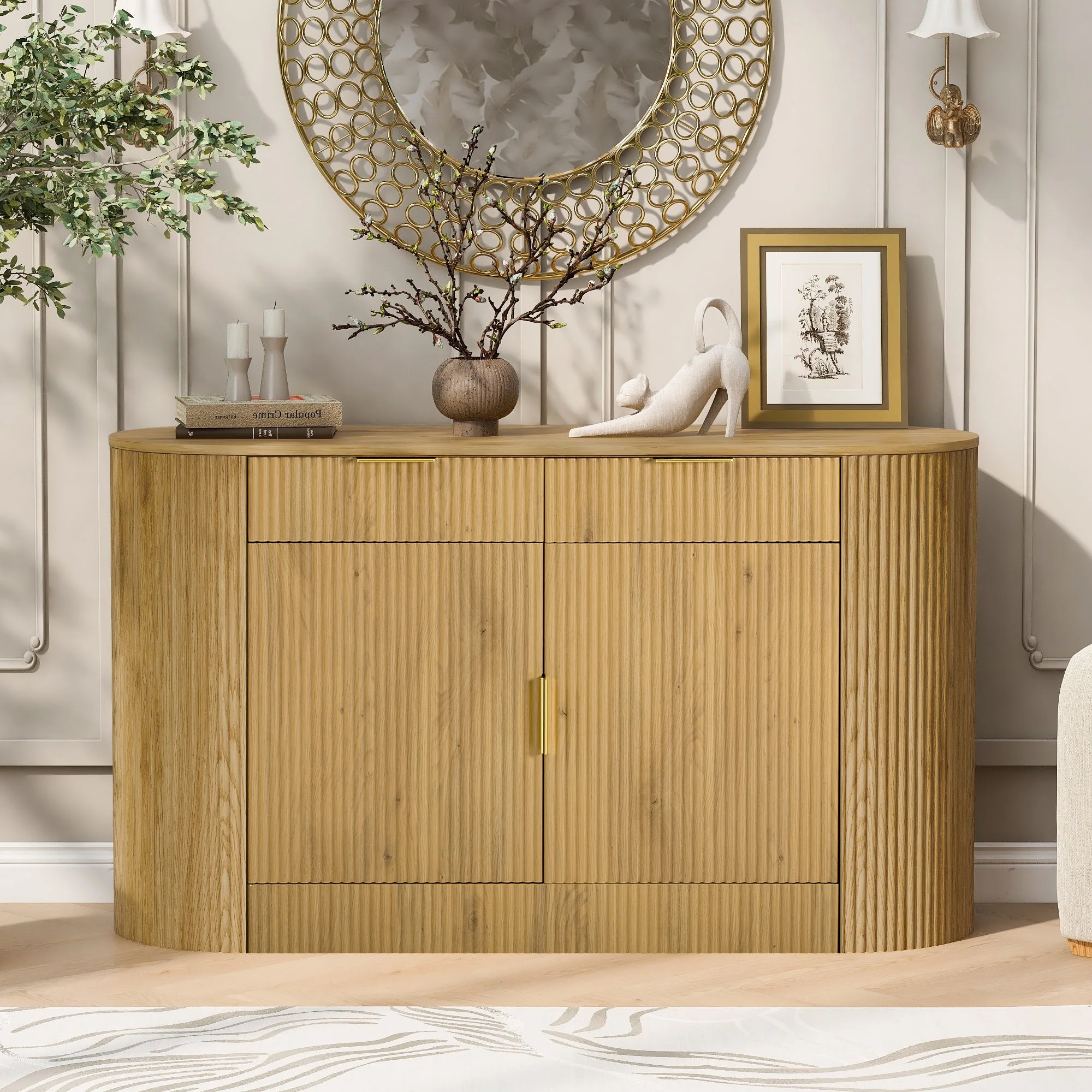 Modern Curve Design Fluted Storage Accent Cabinet / Sideboard