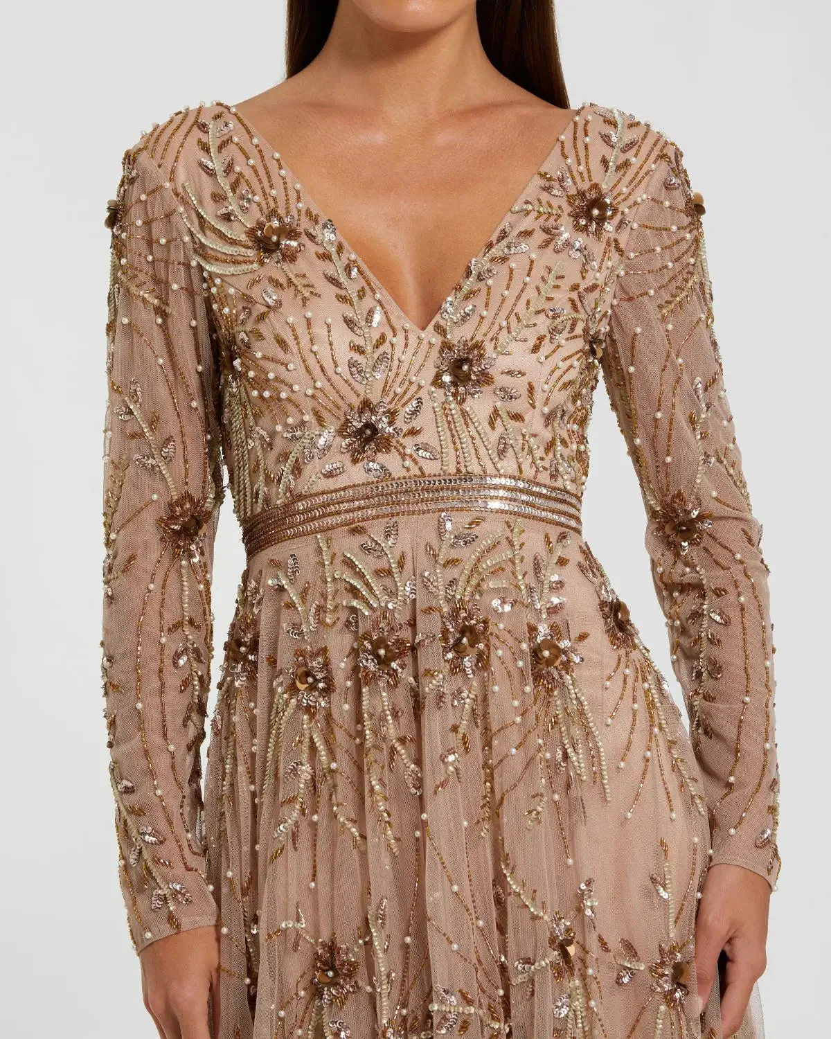 Beige Embellished Sheer Sleeve A-Line Gown