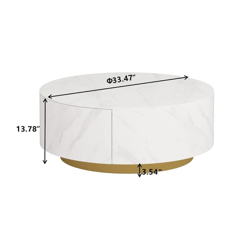 Modern Round Coffee Table with 2 Drawers, Sintered Stone Tabletop and Golden Base