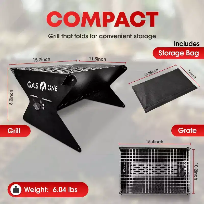 GasOne 15-inch Portable Charcoal Grill - Foldable BBQ Grill - Camping Grills for Backyard, Bonfire, Patio - Heavy-Duty Portable Fire Pit