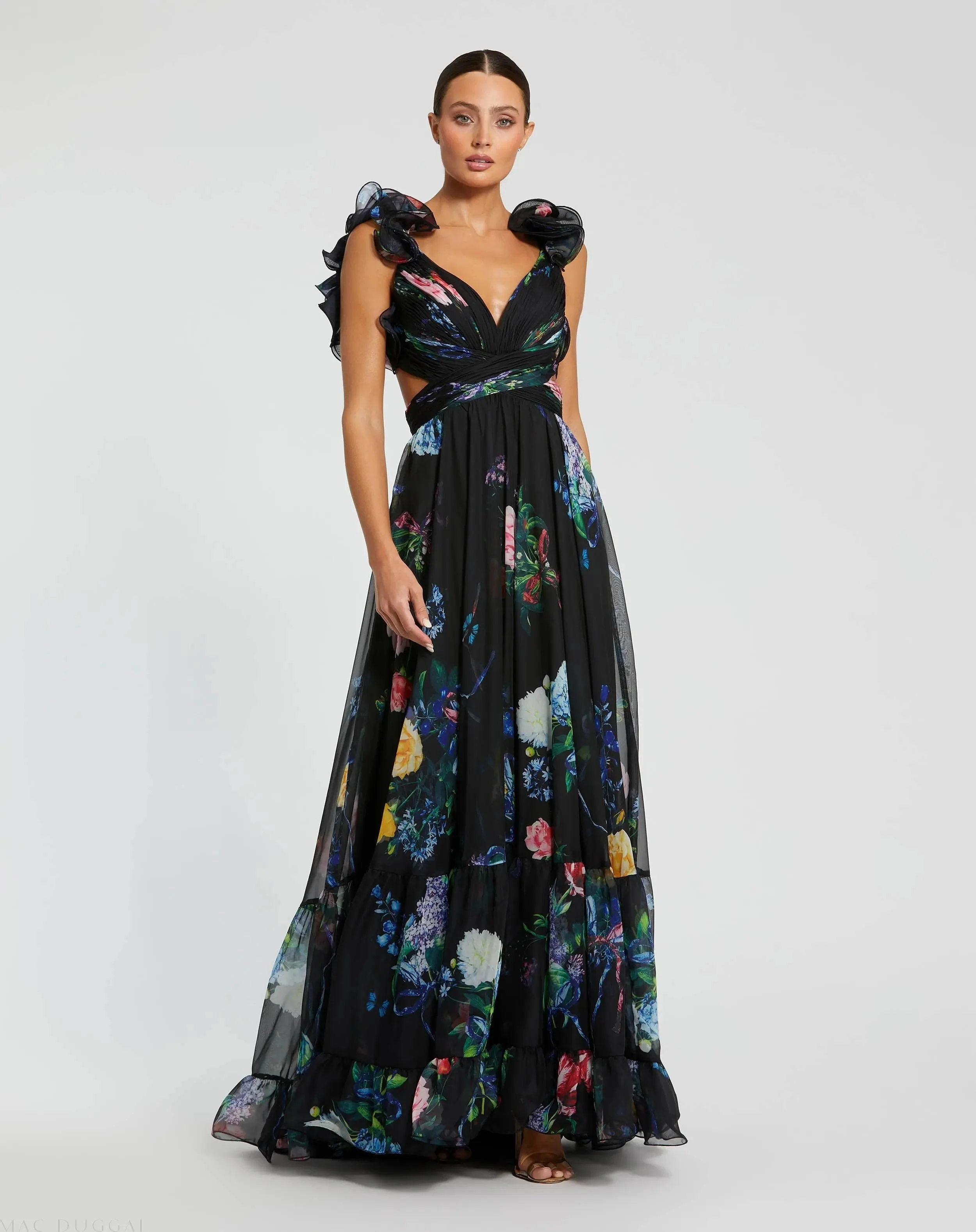 Black Ruffle Tiered Floral Cut-Out Chiffon Gown