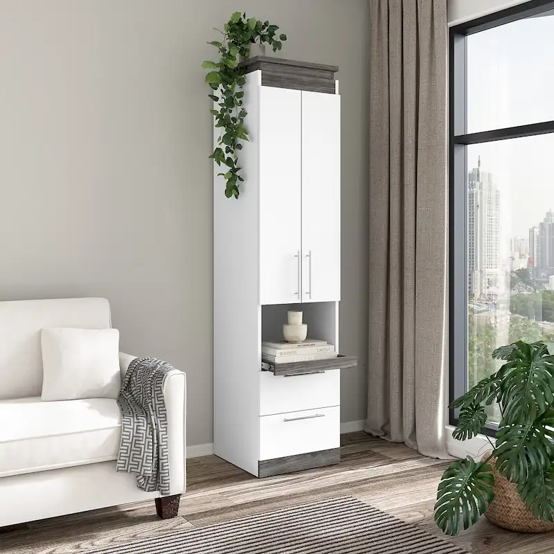White/Walnut Grey & Bark Grey/Graphite Narrow Storage Cabinet with Doors, Drawers & Pull-Out Shelf