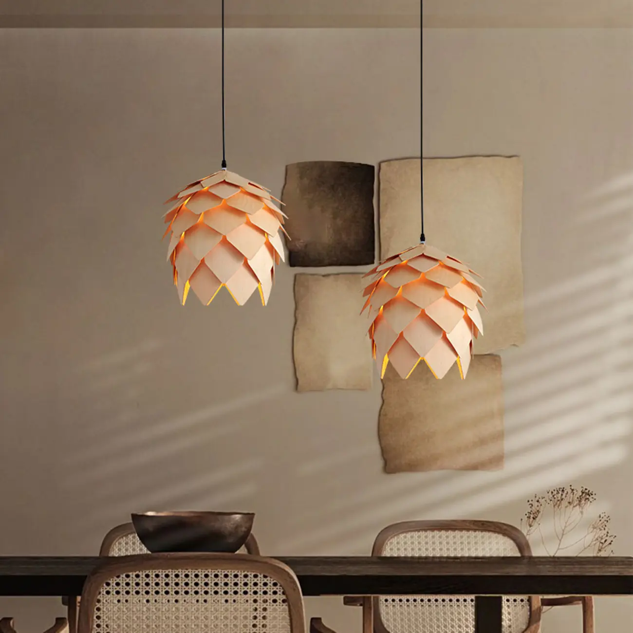 Exquisite Solid Wood Pine Cone Pendant Light Hanging Lamp