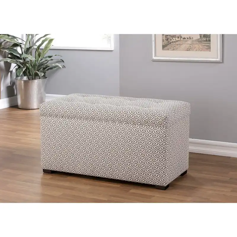 Storage Trunk Bench, Button-Tufted, Jacquard Fabric, Hydraulic Hinge, Espresso Square Legs, Light Blue / Black / Cream, 1-Person Use
