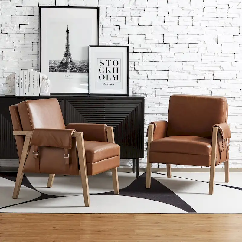 Olivia Farmhouse Faux Leather Accent Chair with Solid Wood Legs