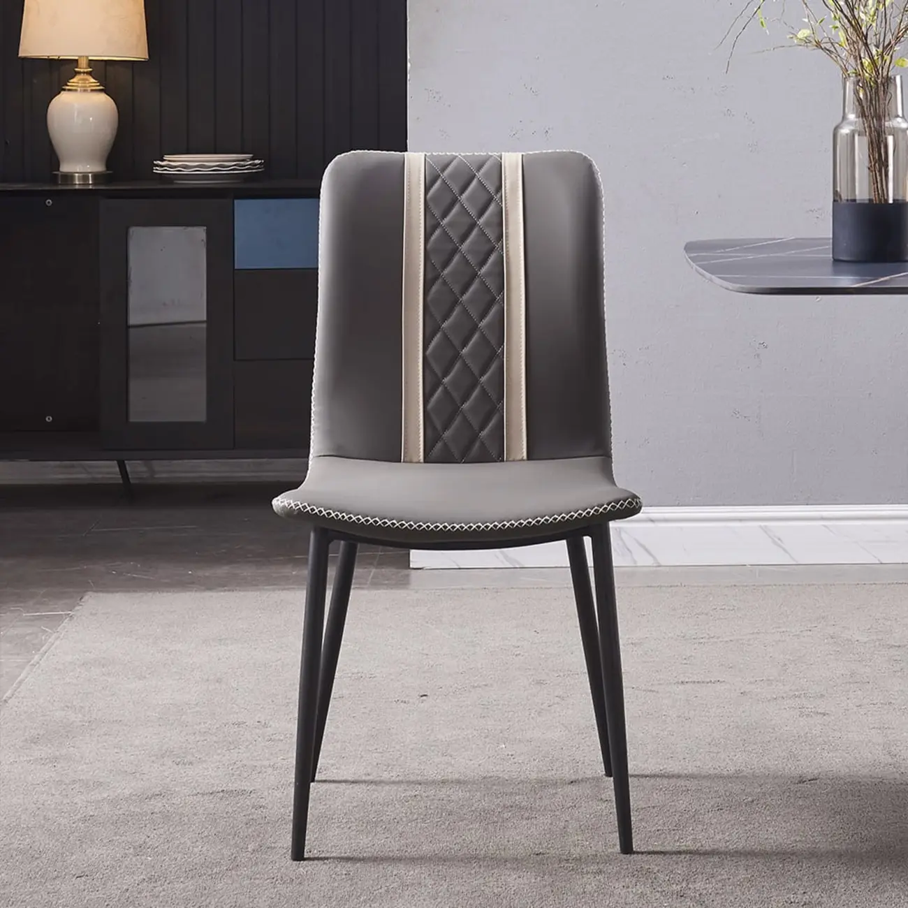 Modern Gray Faux Leather Metal Leg Armless Dining Chair