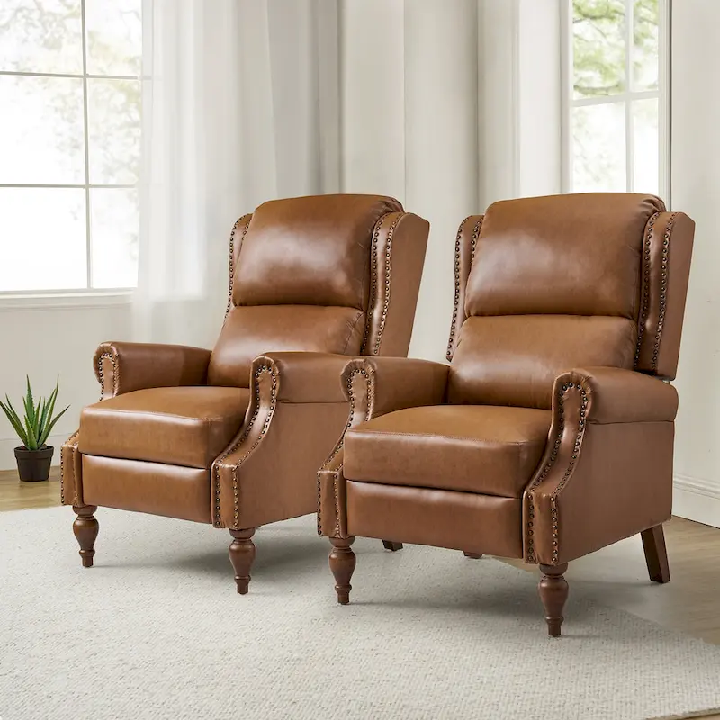 Set of 2 Traditional Vegan Leather Manual Push Back Recliners