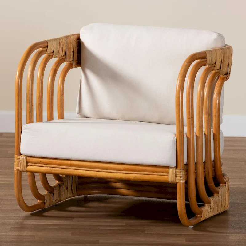 Natural Rattan Arm Chair with White Cushion - Single Seat
