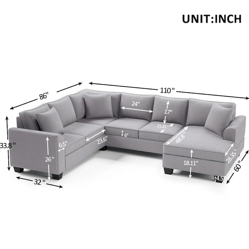110*86 Sectional Sofa Upholstered Modern English Arm Classic U-shaped Sofa 3 Pillows Included