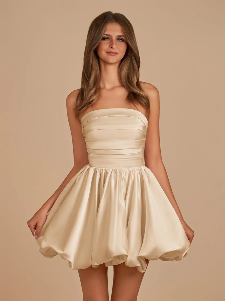 Champagne - A Line Strapless Satin Bubble Hem Short Homecoming Dresses