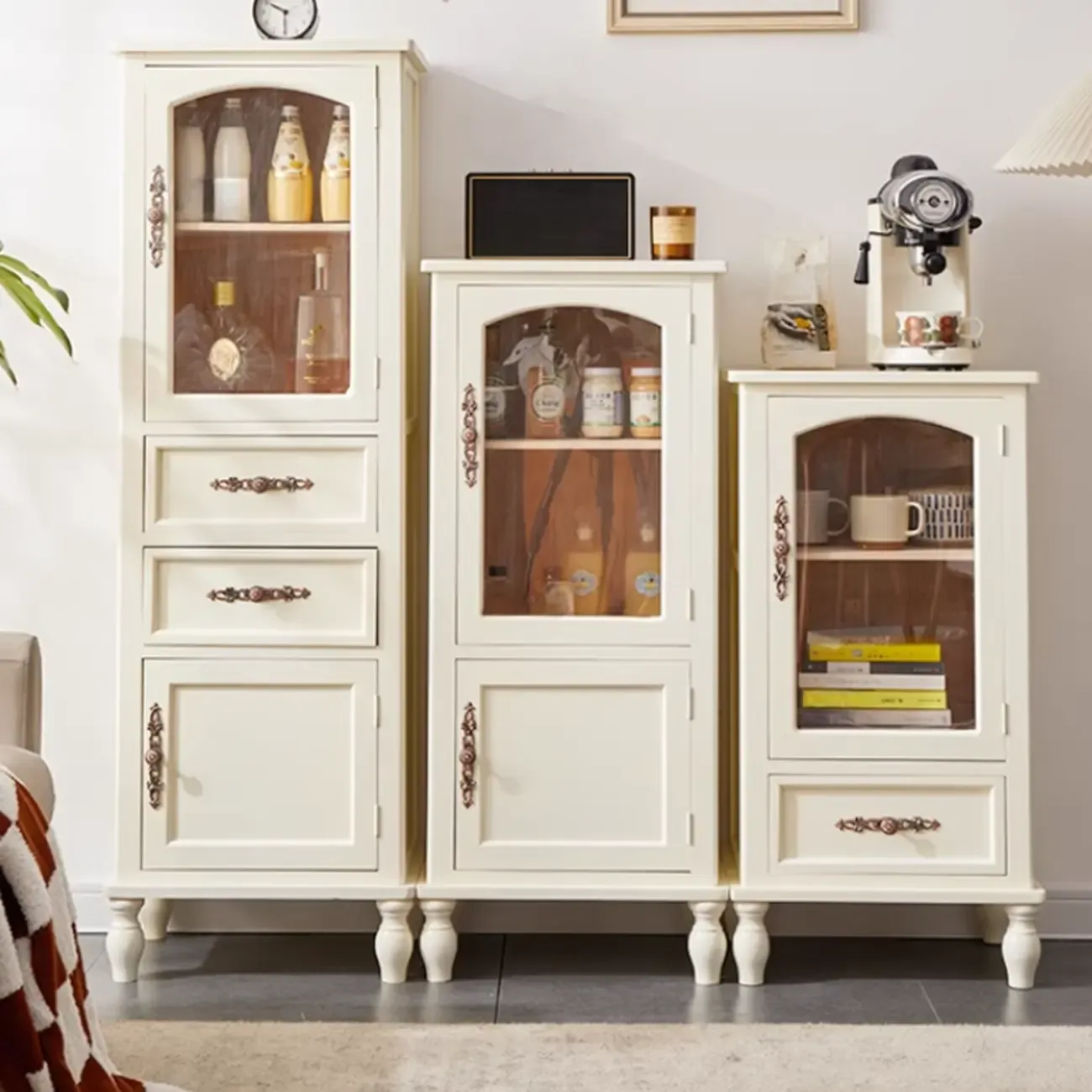 European Wooden Storage Accent Cabinet Glass Door & Drawer